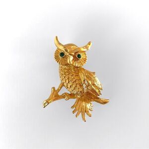 Monet Gold Rhinestone Owl Brooch